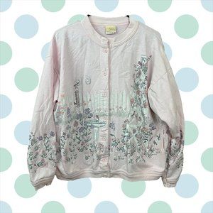 Vintage Artisans Bird & Flower Light Pink Button Down Cardigan Women's Large